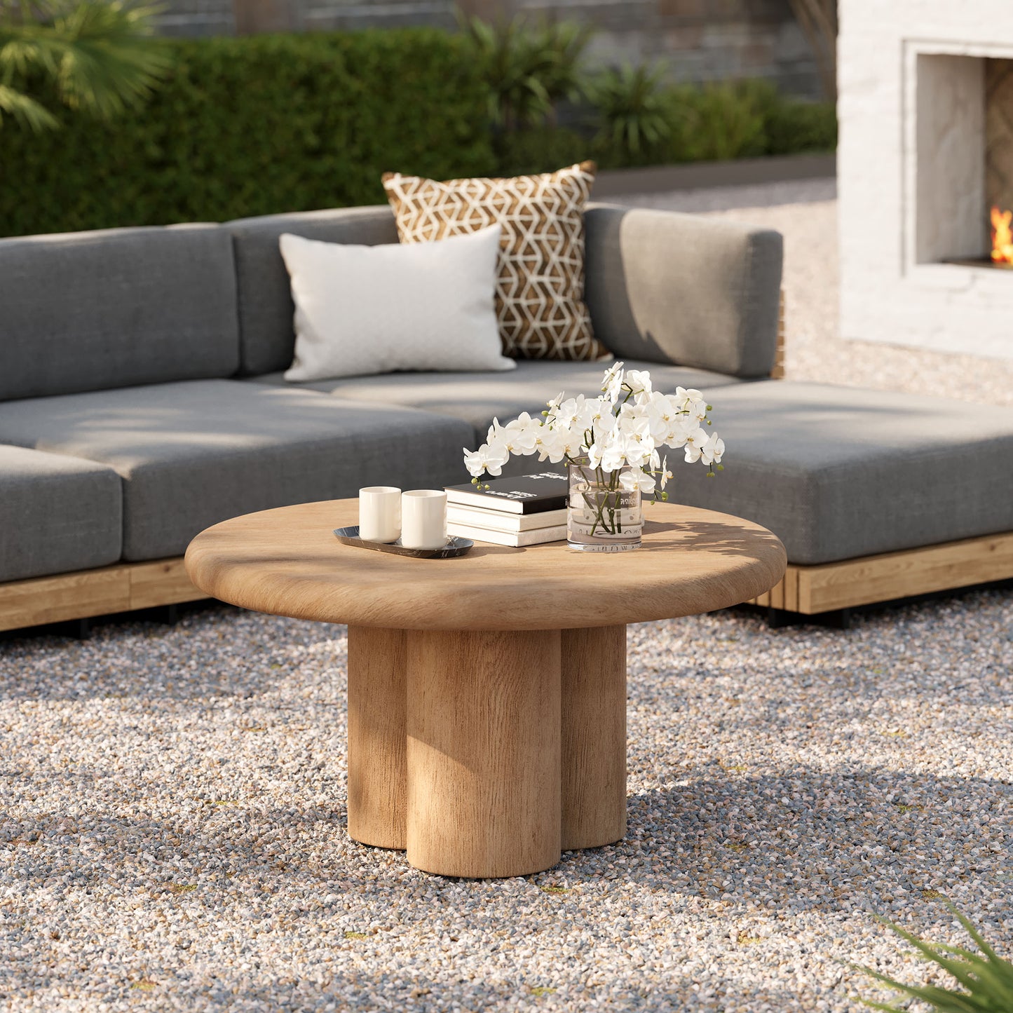 Godello 31 Inch Round Indoor and Outdoor Patio Coffee Table in Oak