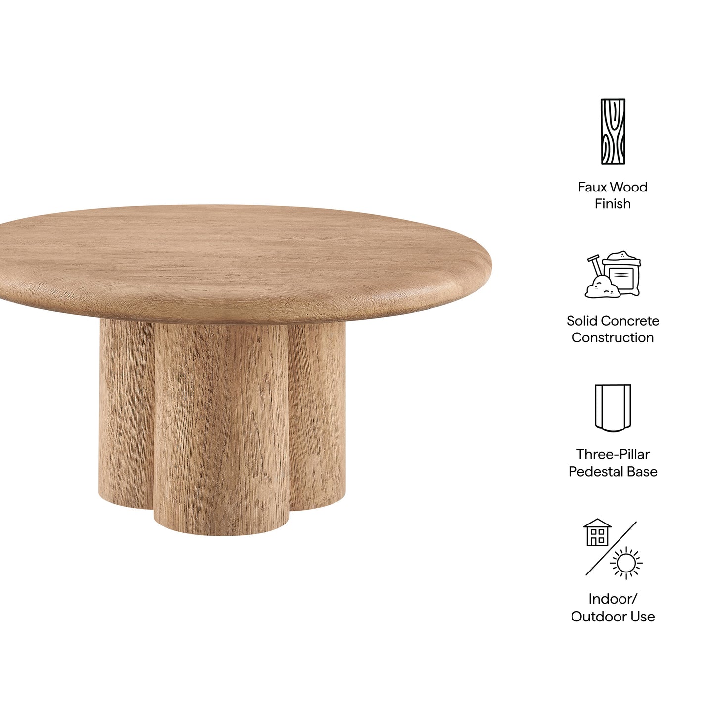 Godello 31 Inch Round Indoor and Outdoor Patio Coffee Table in Oak