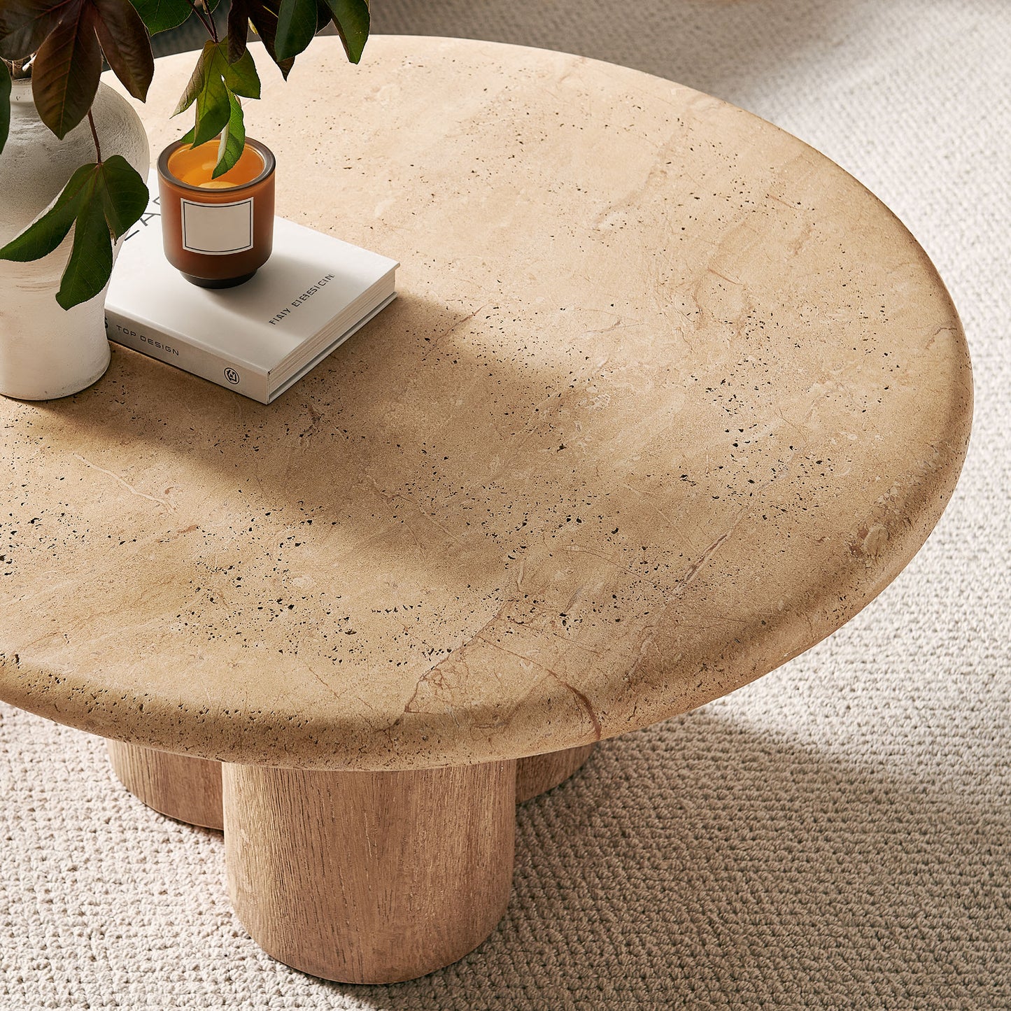 Godello 31 Inch Round Indoor and Outdoor Patio Coffee Table in Travertine