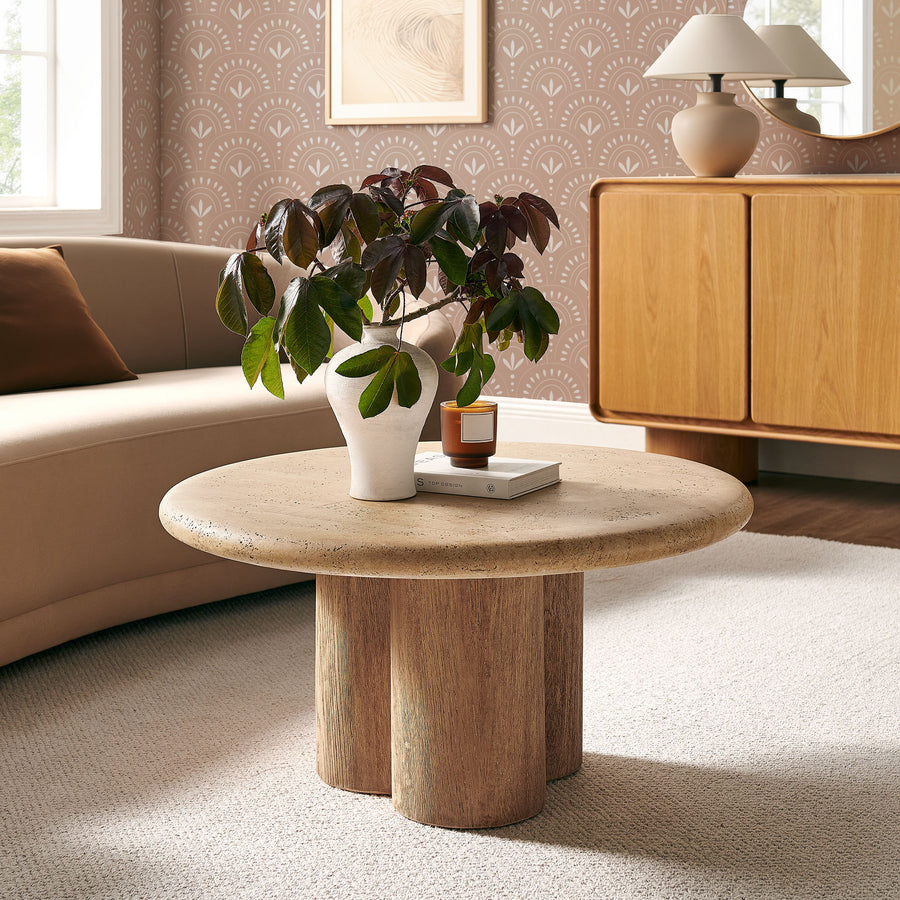 Godello 31 Inch Round Indoor and Outdoor Patio Coffee Table in Travertine