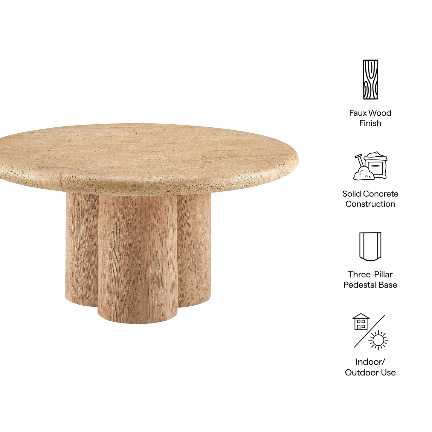 Godello 31 Inch Round Indoor and Outdoor Patio Coffee Table in Travertine