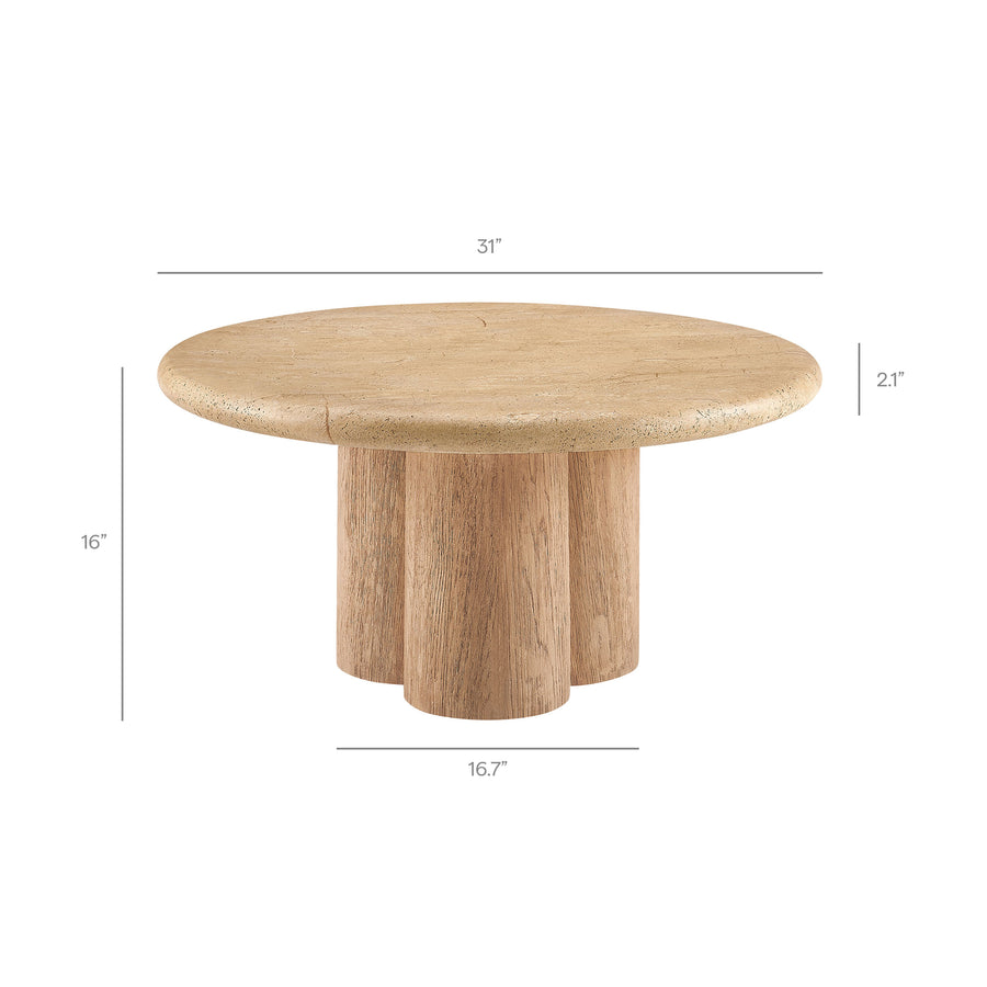 Godello 31 Inch Round Indoor and Outdoor Patio Coffee Table in Travertine