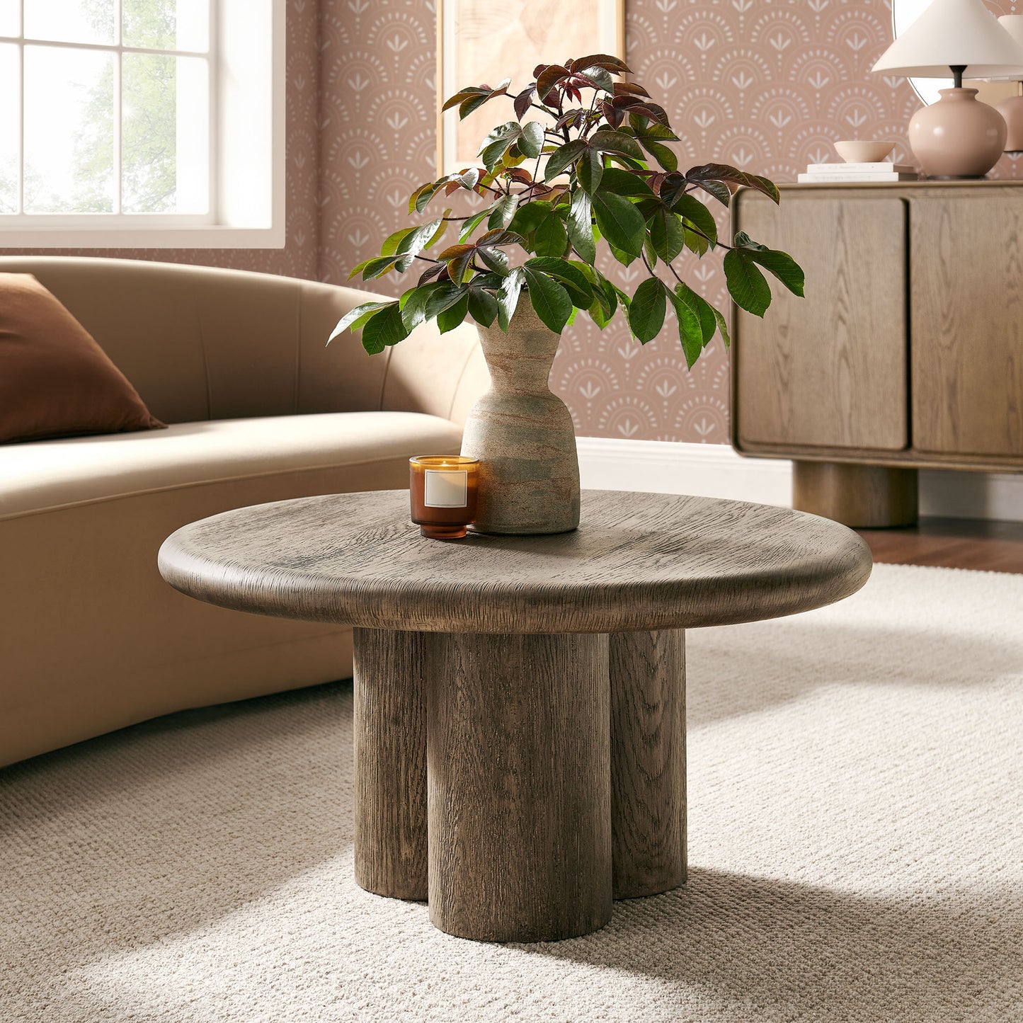 Godello 31 Inch Round Indoor and Outdoor Patio Coffee Table in Weathered Walnut