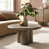 Godello 31 Inch Round Indoor and Outdoor Patio Coffee Table in Weathered Walnut