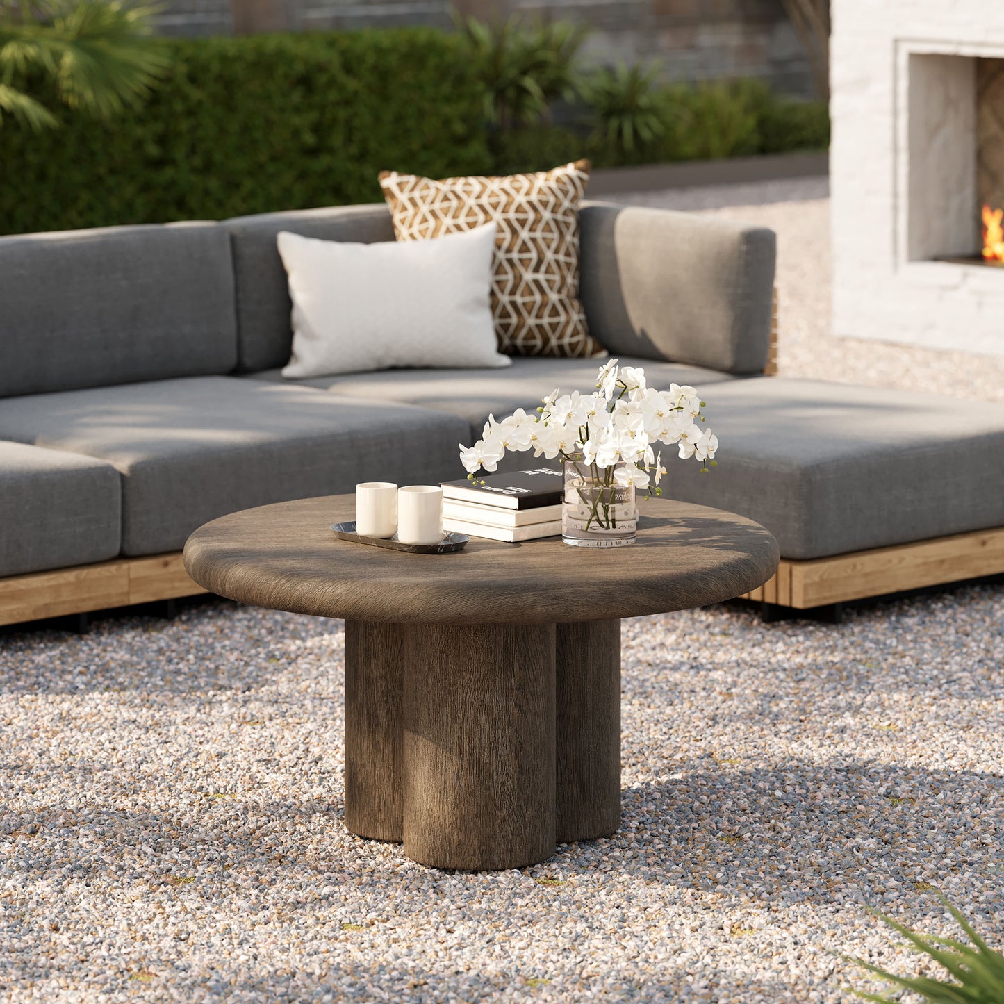 Godello 31 Inch Round Indoor and Outdoor Patio Coffee Table in Weathered Walnut