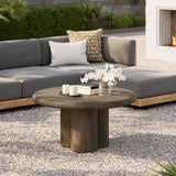 Godello 31 Inch Round Indoor and Outdoor Patio Coffee Table in Weathered Walnut