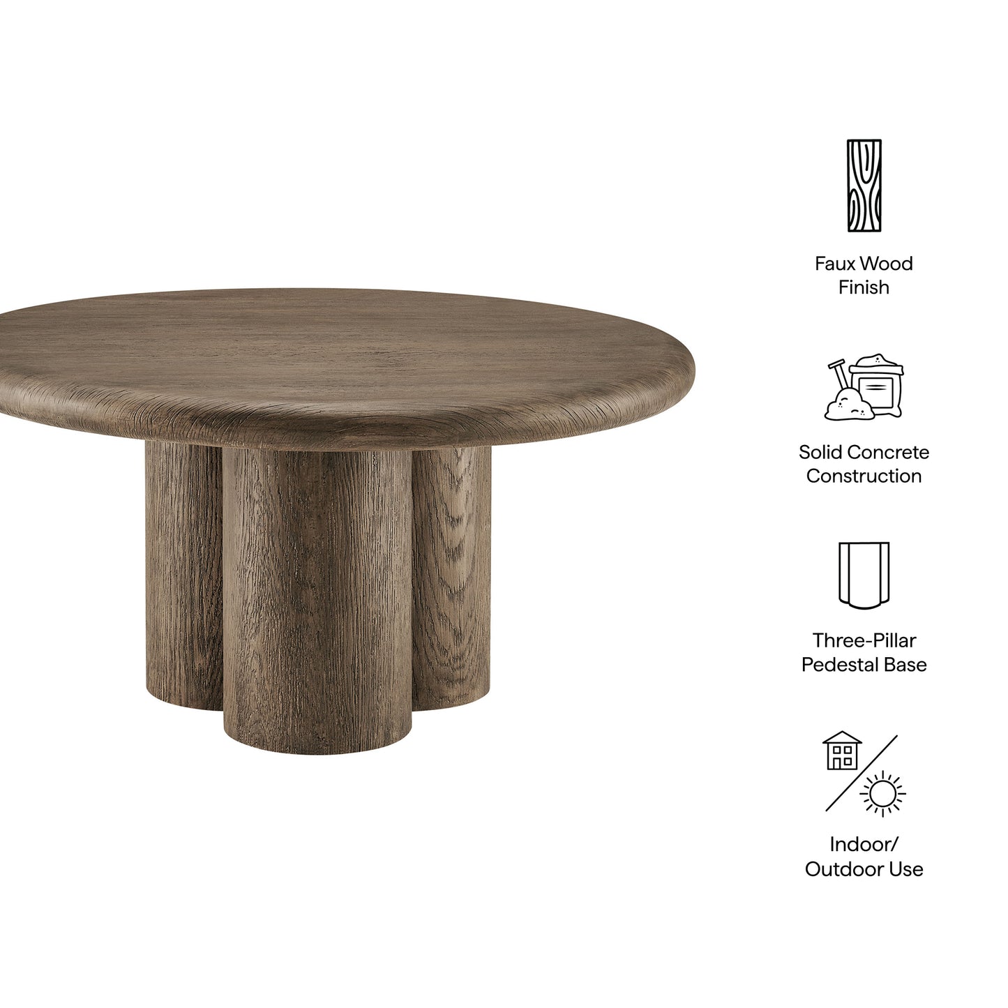 Godello 31 Inch Round Indoor and Outdoor Patio Coffee Table in Weathered Walnut