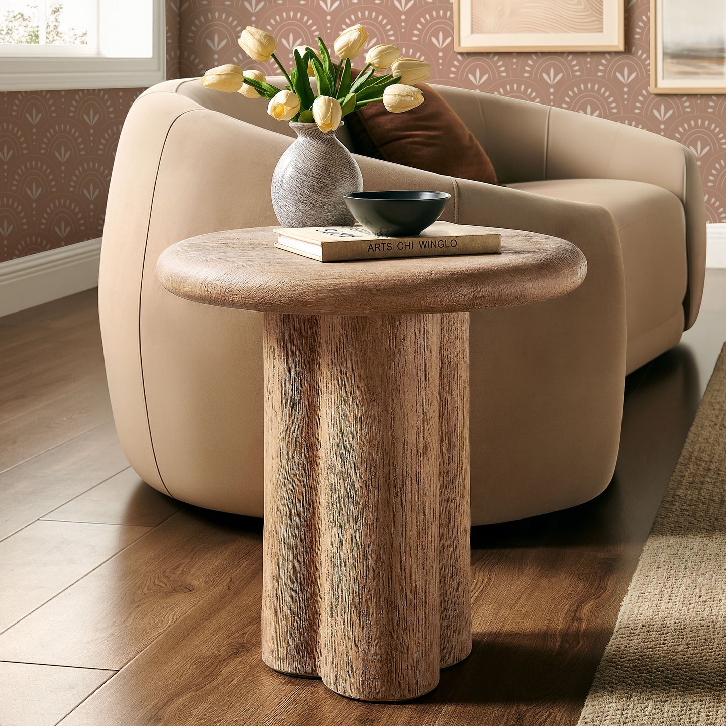 Godello 20 Inch Round Indoor and Outdoor Patio Side Table in Oak