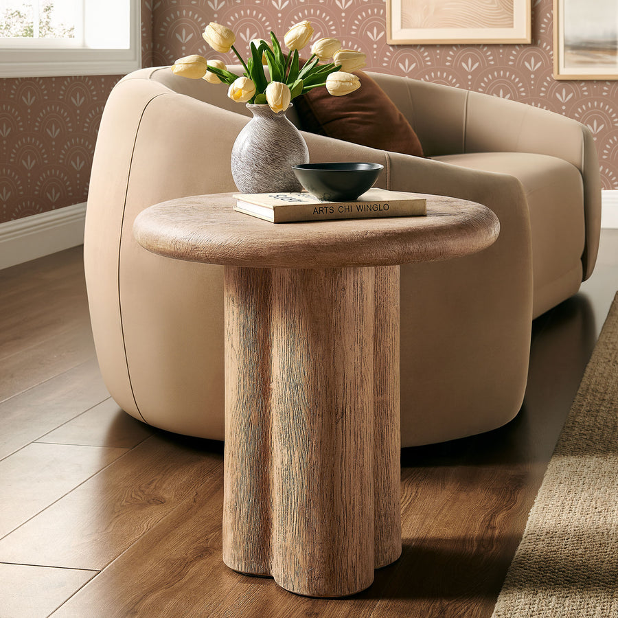 Godello 20 Inch Round Indoor and Outdoor Patio Side Table in Oak