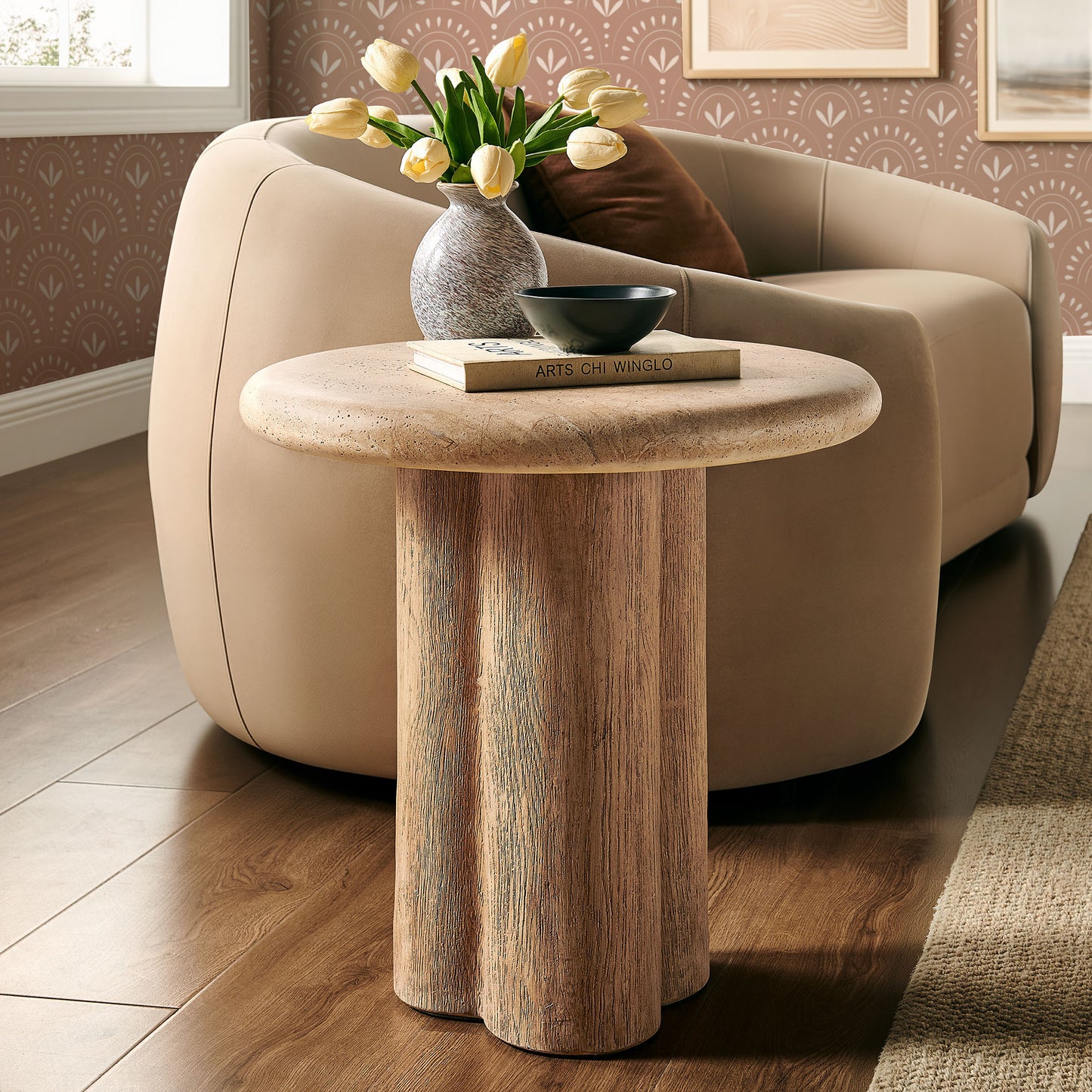Godello 20 Inch Round Indoor and Outdoor Patio Side Table in Travertine