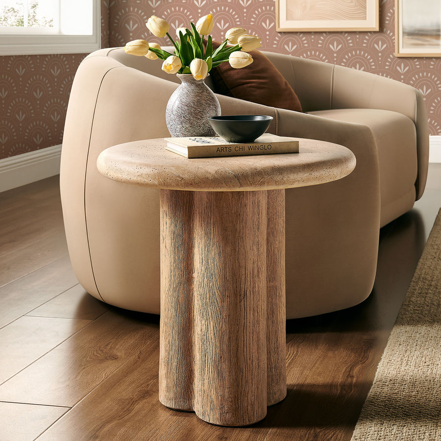 Godello 20 Inch Round Indoor and Outdoor Patio Side Table in Travertine