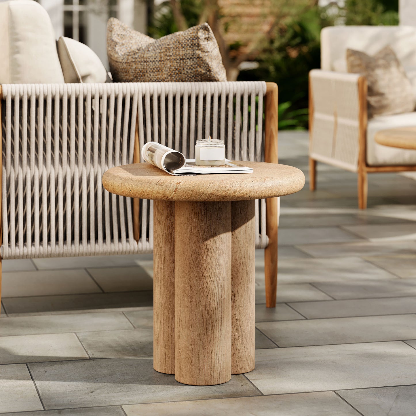 Godello 20 Inch Round Indoor and Outdoor Patio Side Table in Travertine