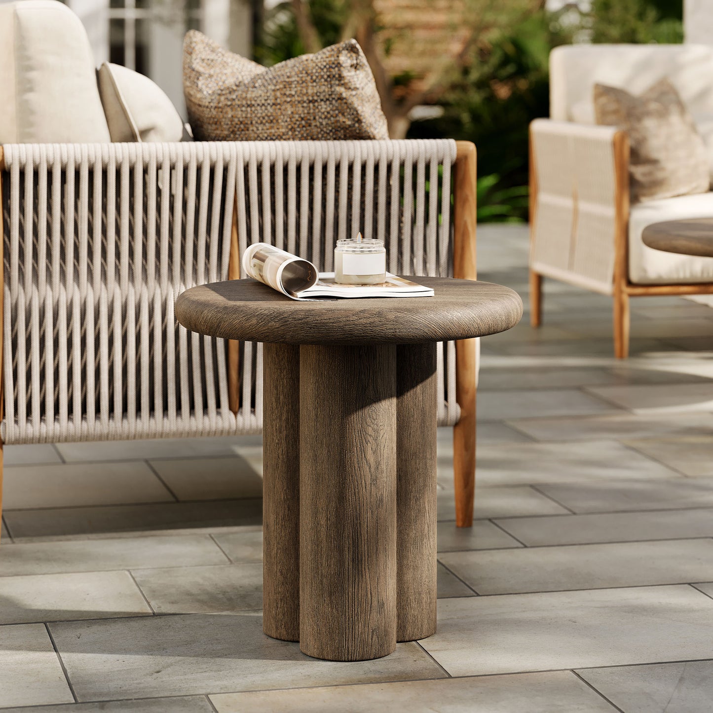 Godello 20 Inch Round Indoor and Outdoor Patio Side Table in Weathered Walnut