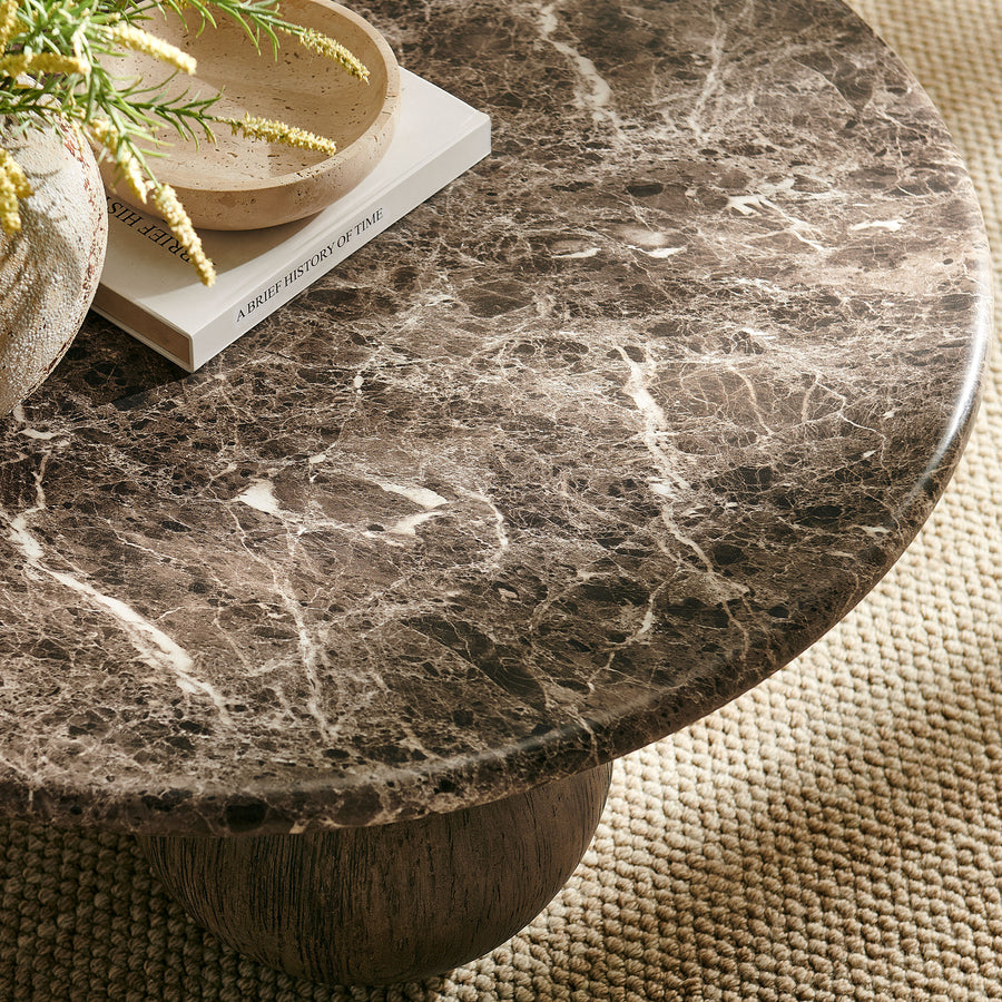Chenille Indoor Outdoor Patio Round Coffee Table in Dark Emperador Marble