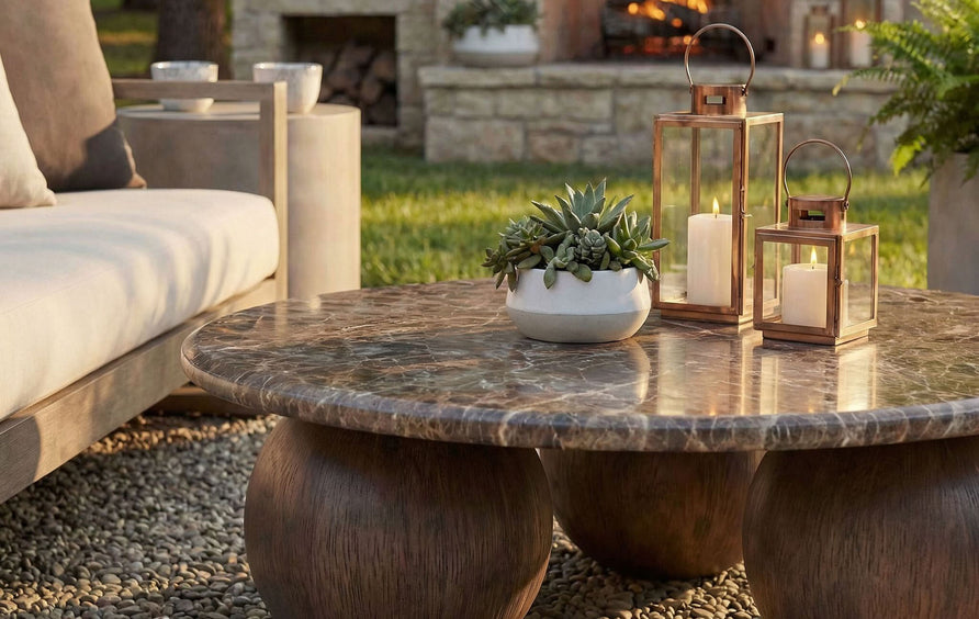 Chenille Indoor Outdoor Patio Round Coffee Table in Dark Emperador Marble