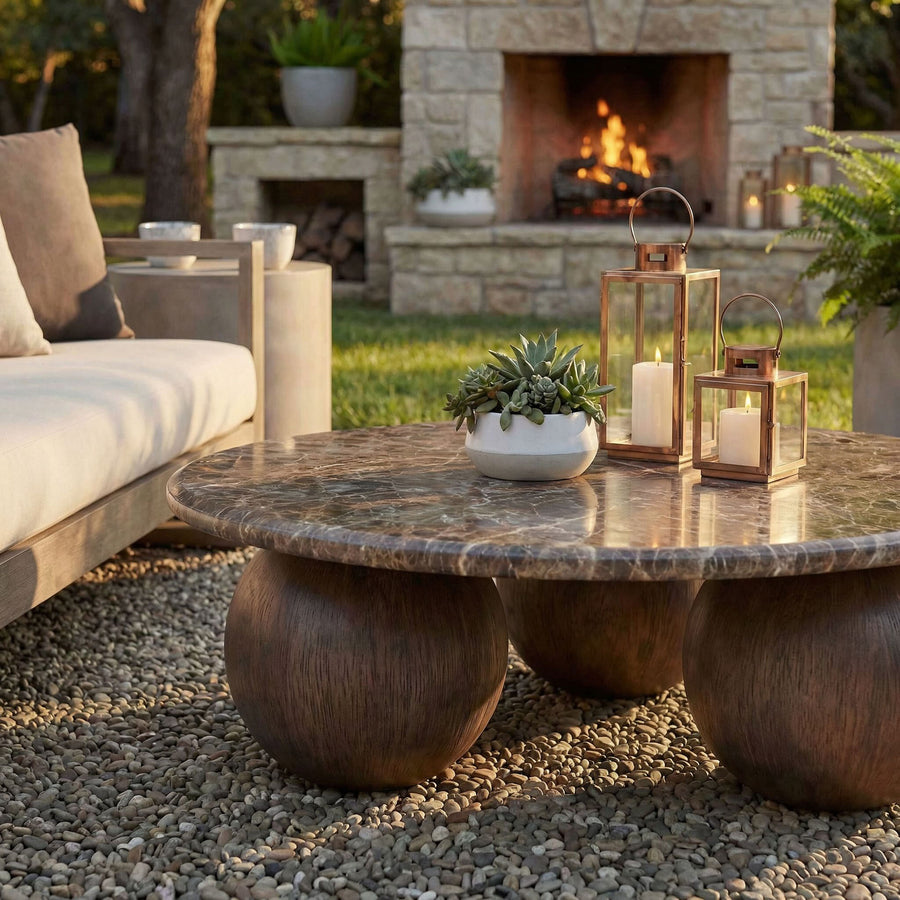 Chenille Indoor Outdoor Patio Round Coffee Table in Dark Emperador Marble