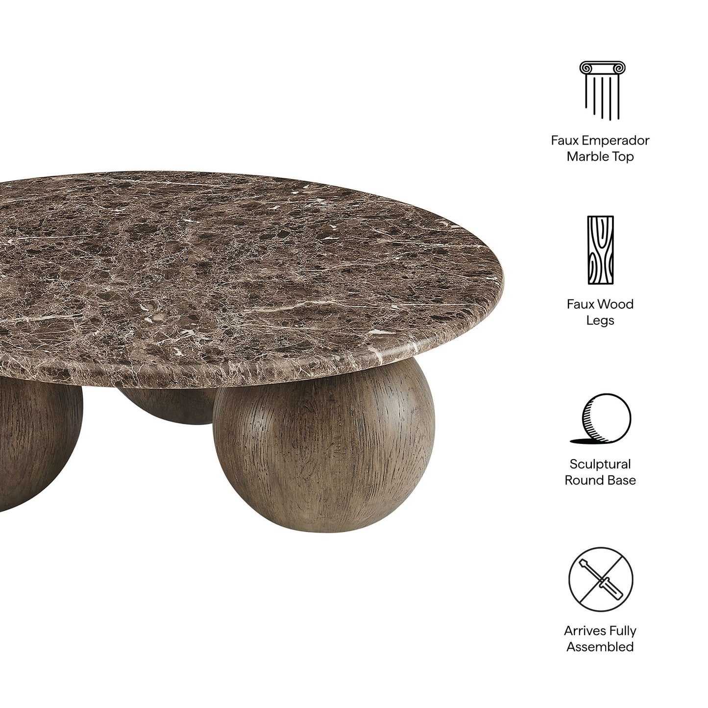 Chenille Indoor Outdoor Patio Round Coffee Table in Dark Emperador Marble