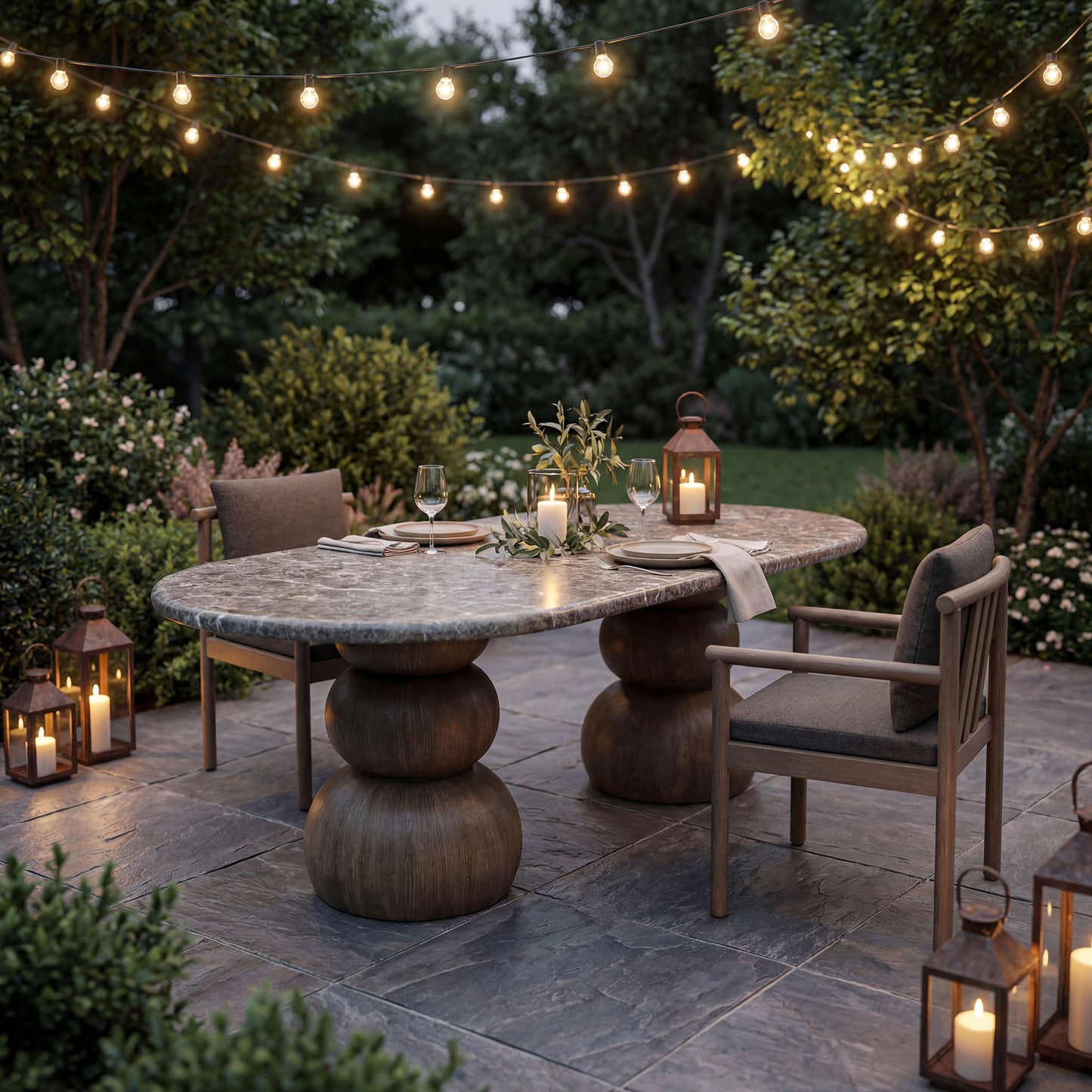 Chenille Indoor Outdoor Patio Oval Dining Table in Dark Emperador Marble