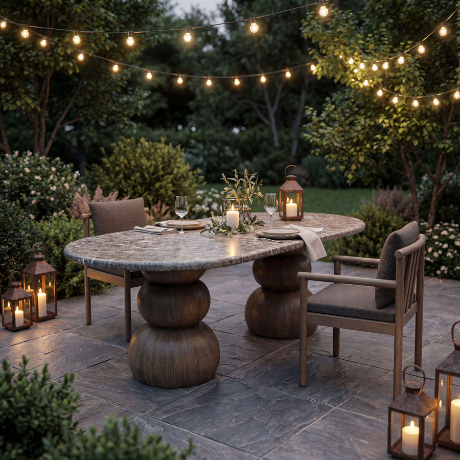 Chenille Indoor Outdoor Patio Oval Dining Table in Dark Emperador Marble