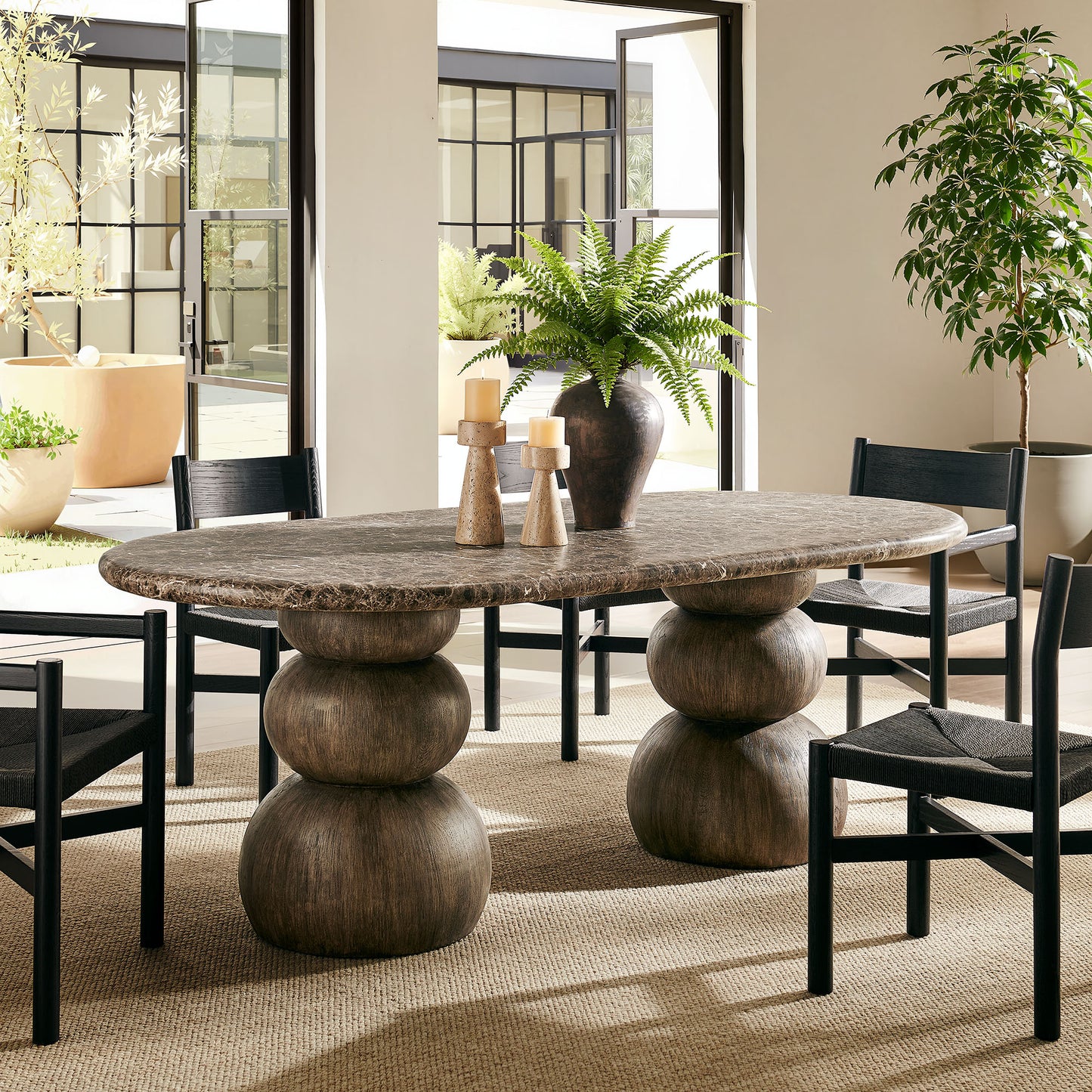 Chenille Indoor Outdoor Patio Oval Dining Table in Dark Emperador Marble
