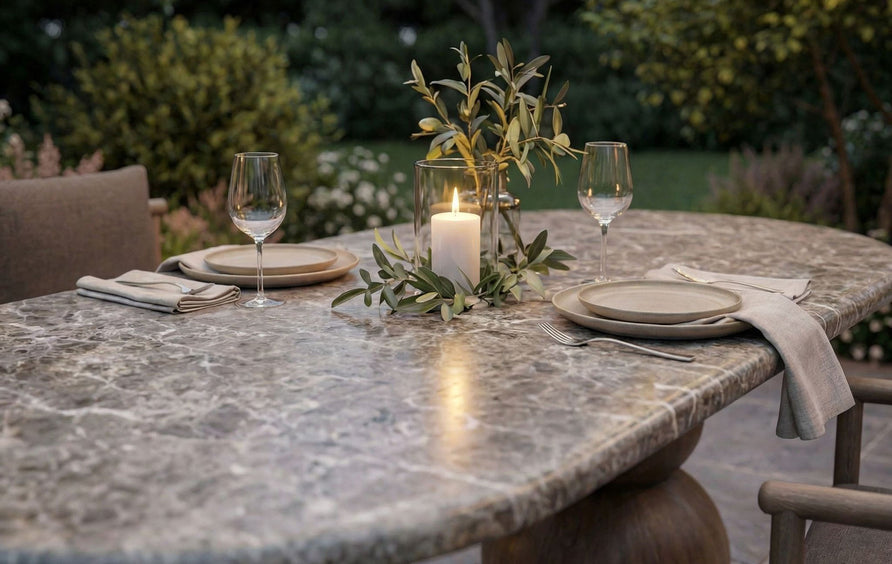Chenille Indoor Outdoor Patio Oval Dining Table in Dark Emperador Marble