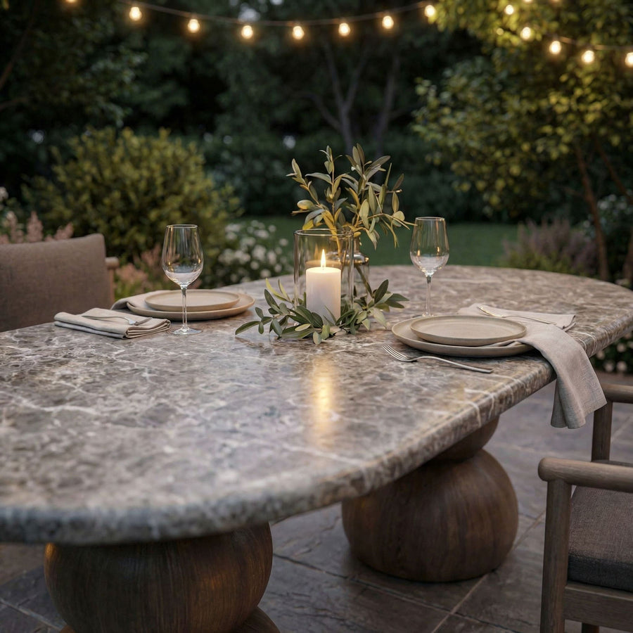 Chenille Indoor Outdoor Patio Oval Dining Table in Dark Emperador Marble