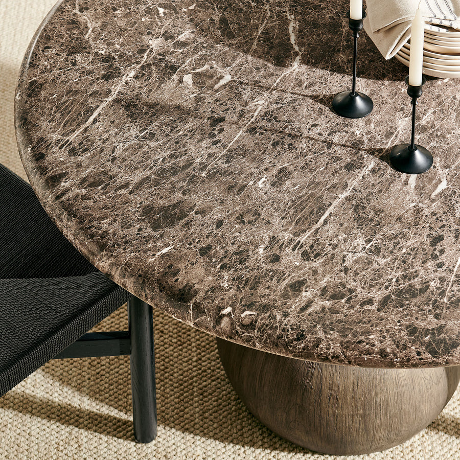 Chenille Indoor Outdoor Patio Round Dining Table in Dark Emperador Marble