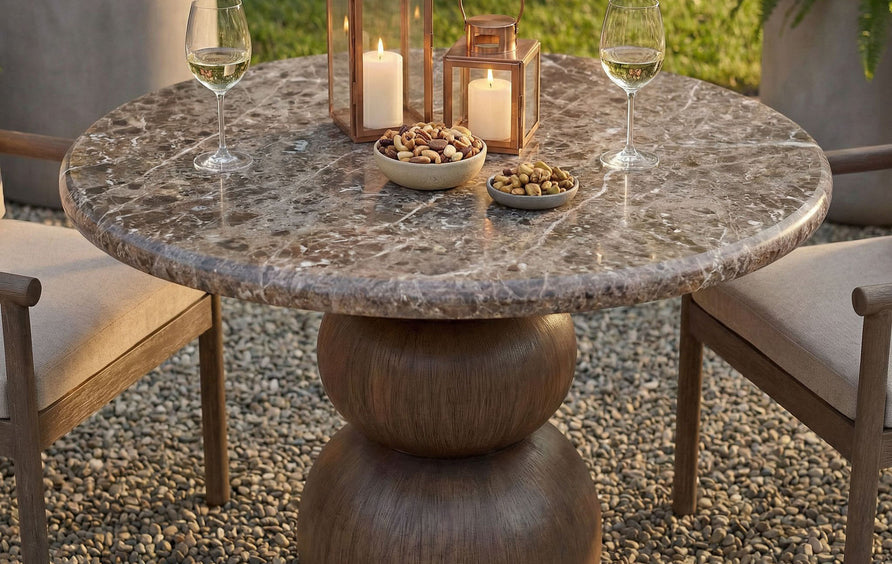 Chenille Indoor Outdoor Patio Round Dining Table in Dark Emperador Marble