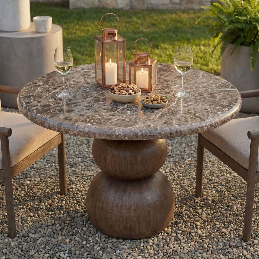 Chenille Indoor Outdoor Patio Round Dining Table in Dark Emperador Marble
