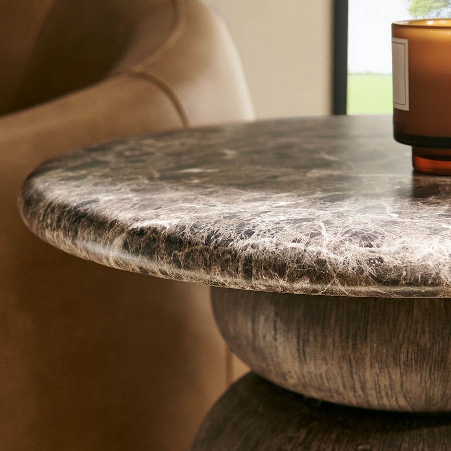 Chenille Indoor Outdoor Patio Round Side Table in Dark Emperador Marble