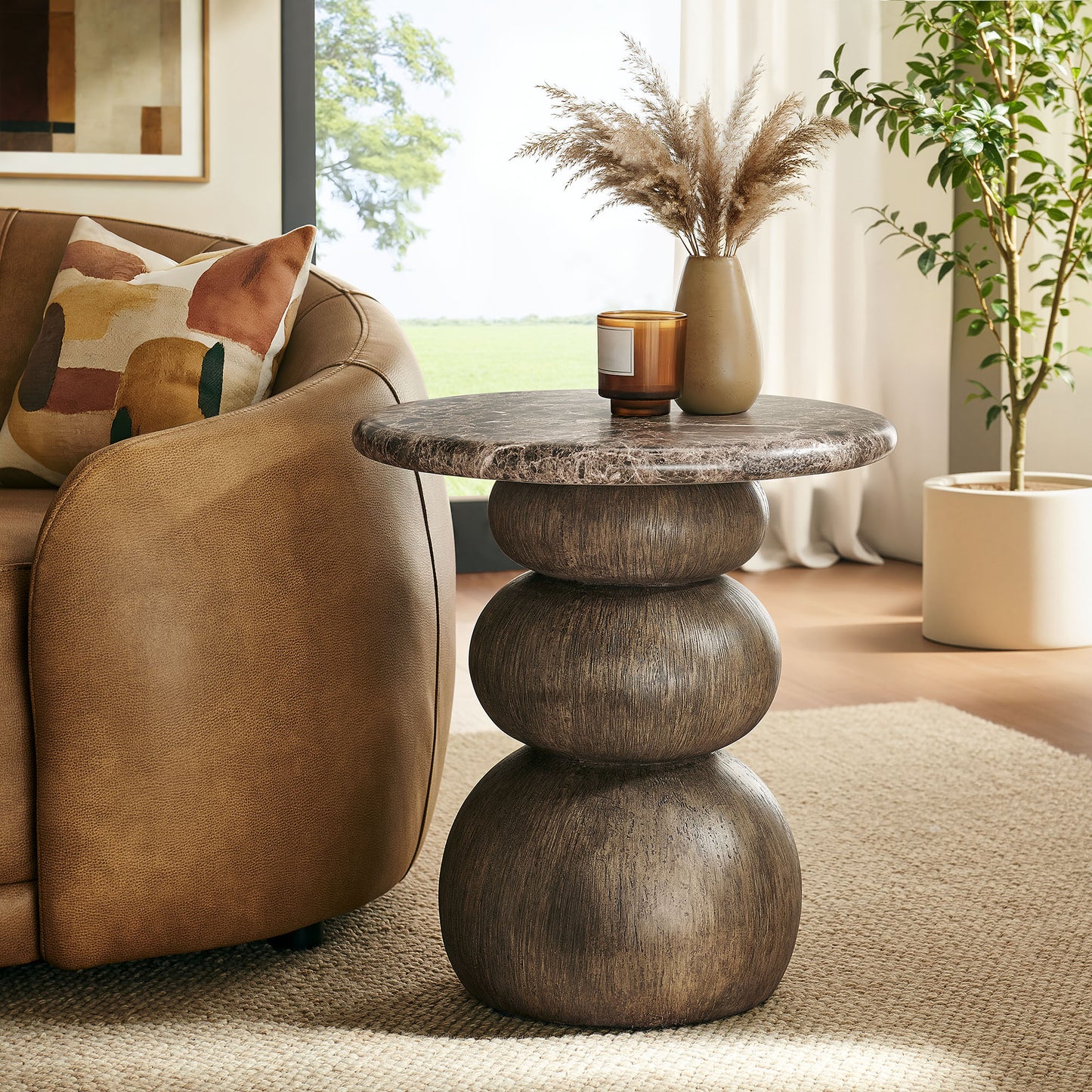 Chenille Indoor Outdoor Patio Round Side Table in Dark Emperador Marble
