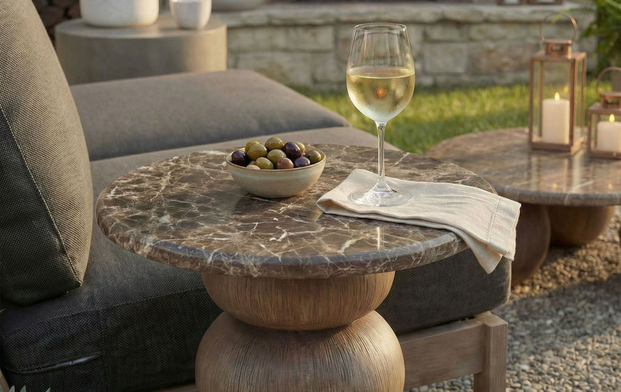 Chenille Indoor Outdoor Patio Round Side Table in Dark Emperador Marble