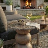 Chenille Indoor Outdoor Patio Round Side Table in Dark Emperador Marble