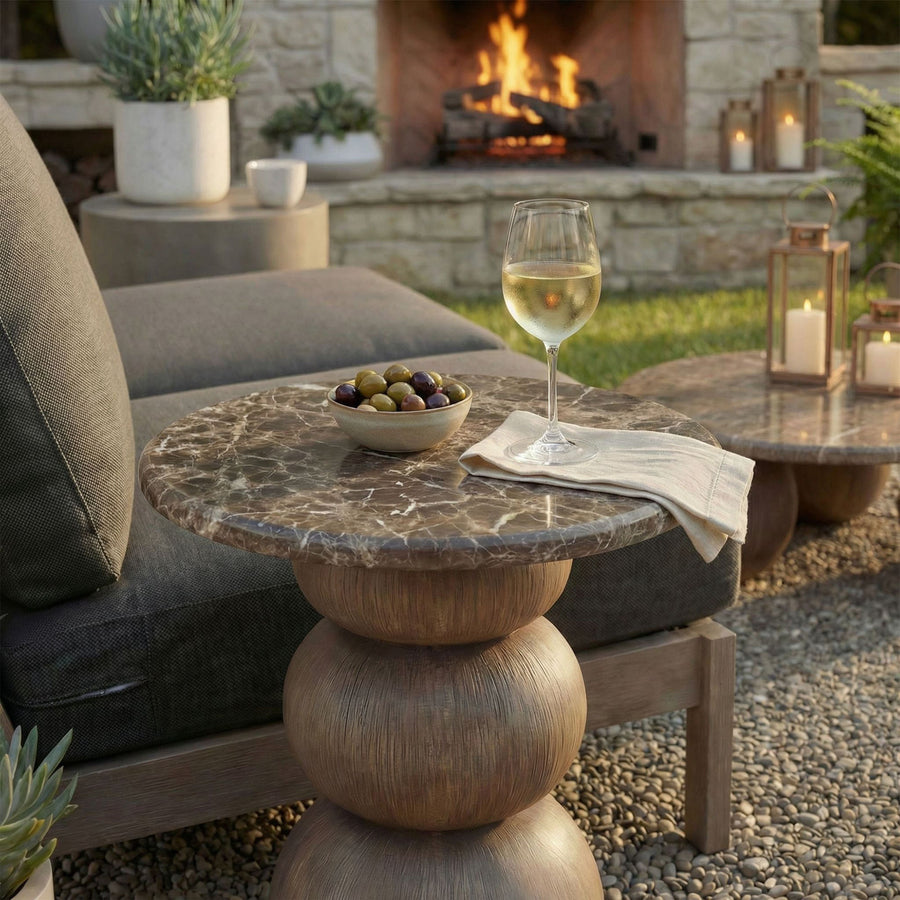 Chenille Indoor Outdoor Patio Round Side Table in Dark Emperador Marble