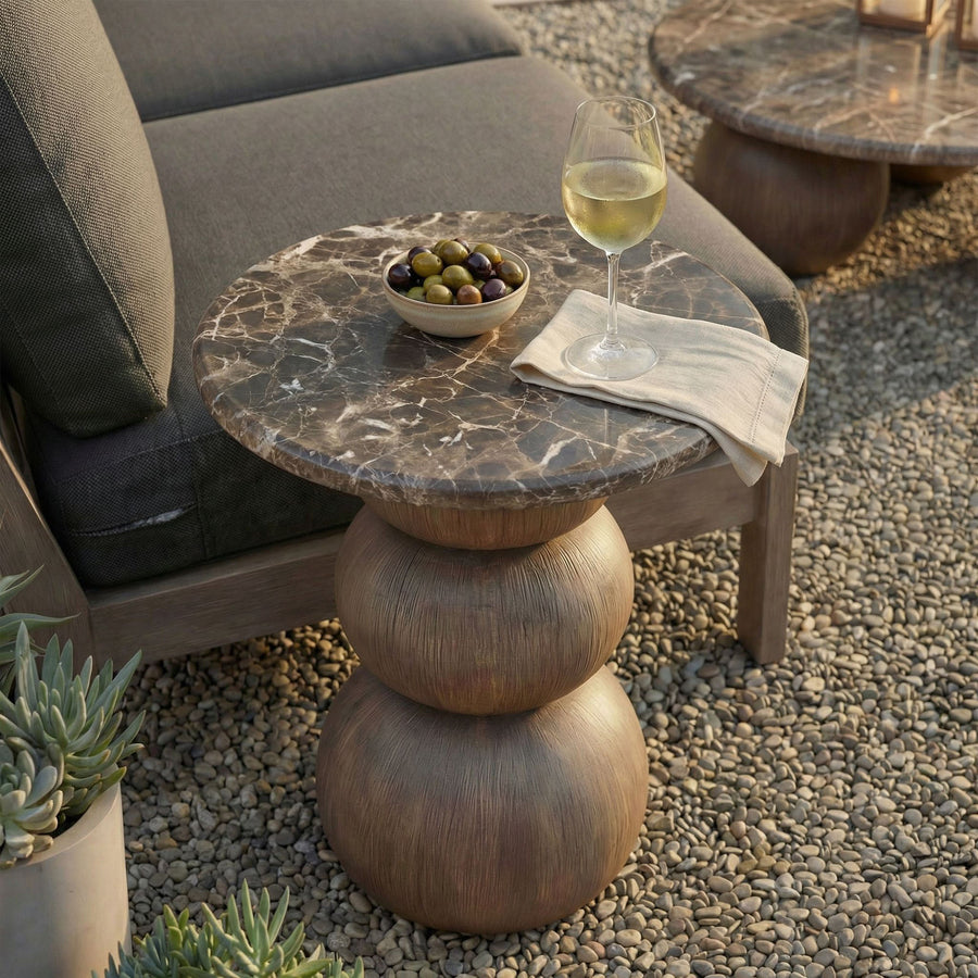 Chenille Indoor Outdoor Patio Round Side Table in Dark Emperador Marble