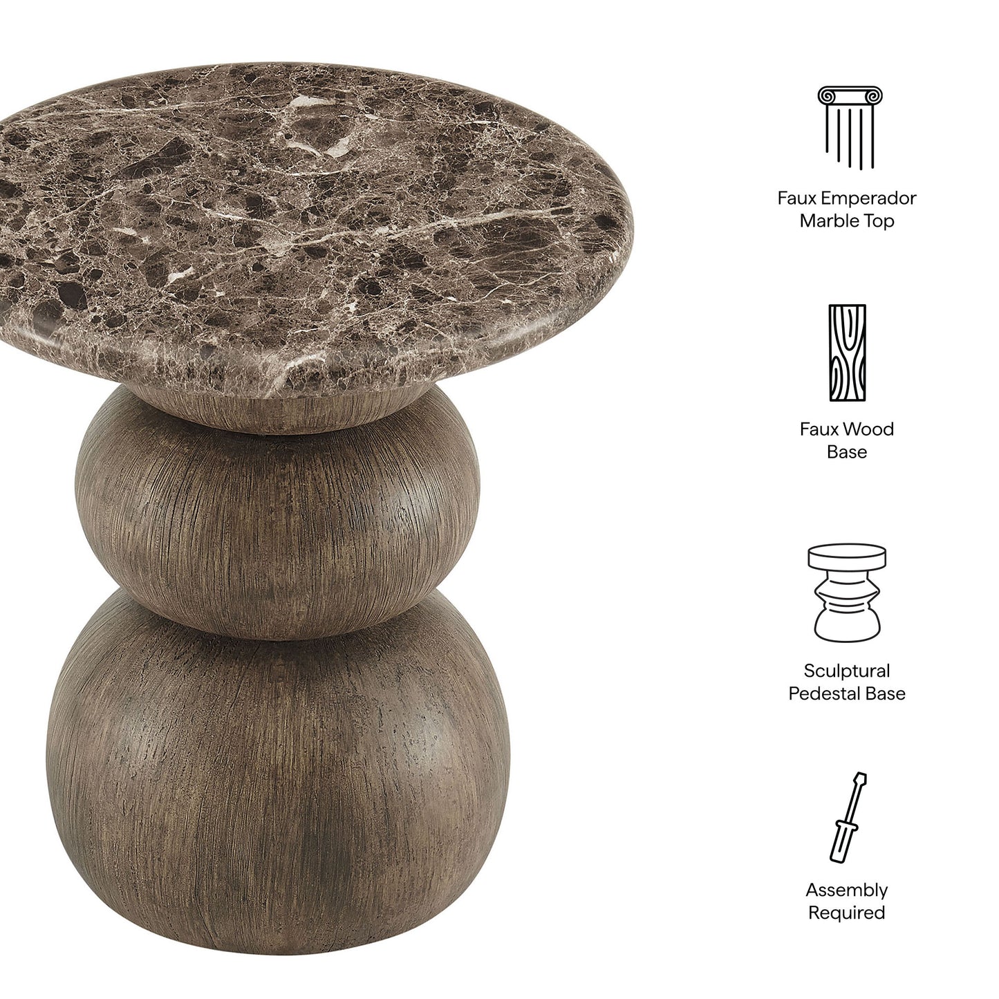Chenille Indoor Outdoor Patio Round Side Table in Dark Emperador Marble