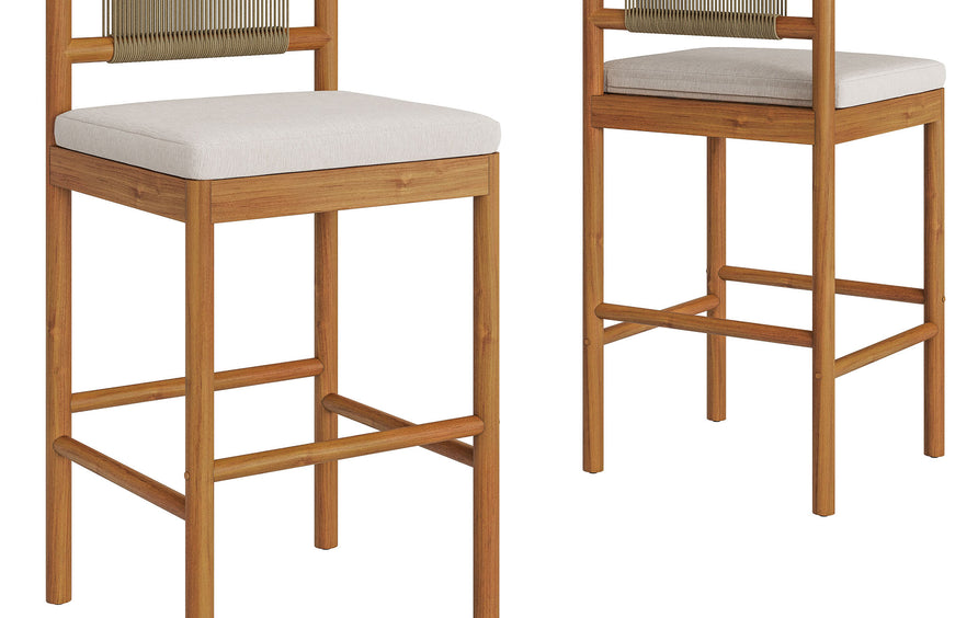 Lyric Outdoor Patio Teak Wood Bar Stools Set of 2 in Natural Sail