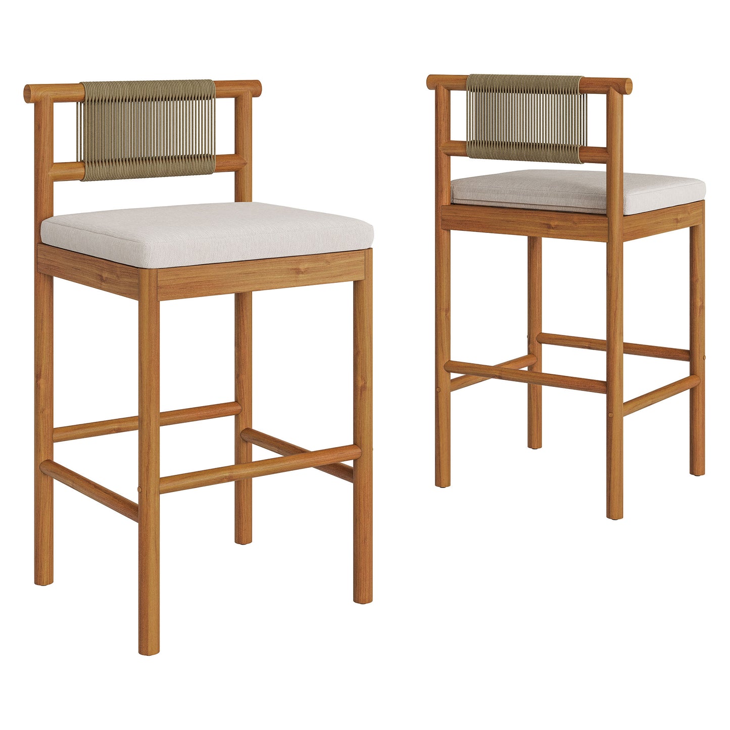 Lyric Outdoor Patio Teak Wood Bar Stools Set of 2 in Natural Sail