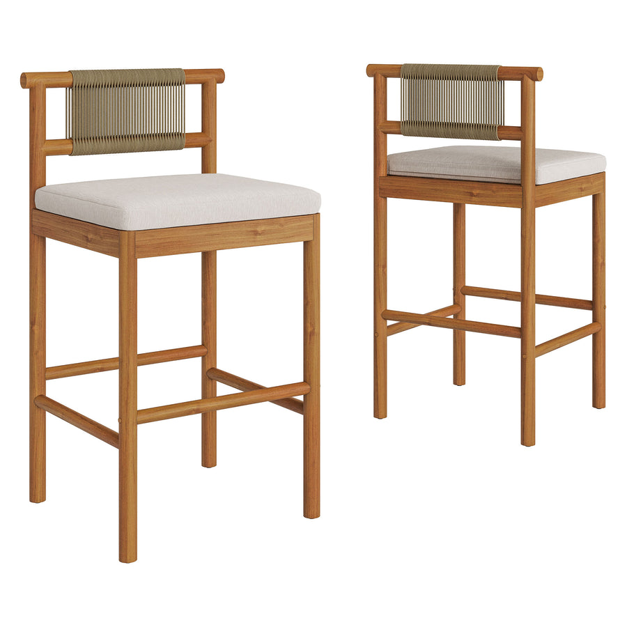 Lyric Outdoor Patio Teak Wood Bar Stools Set of 2 in Natural Sail