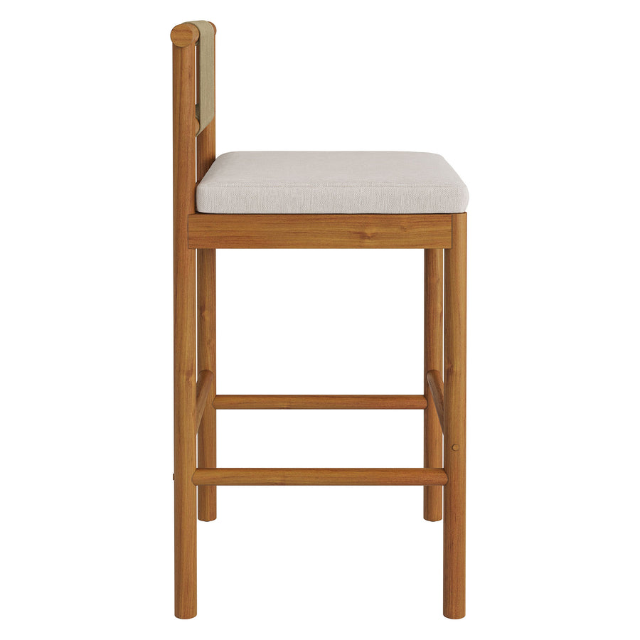 Lyric Outdoor Patio Teak Wood Bar Stools Set of 2 in Natural Sail