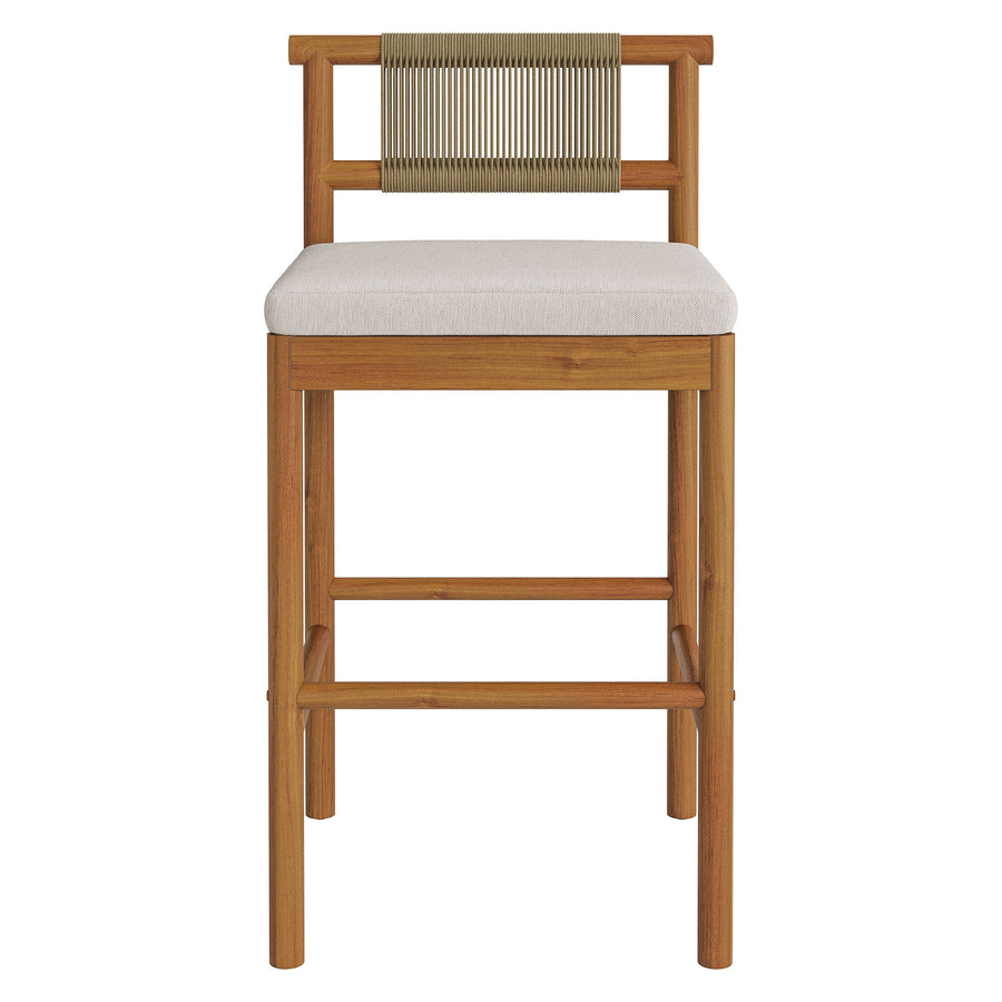 Lyric Outdoor Patio Teak Wood Bar Stools Set of 2 in Natural Sail
