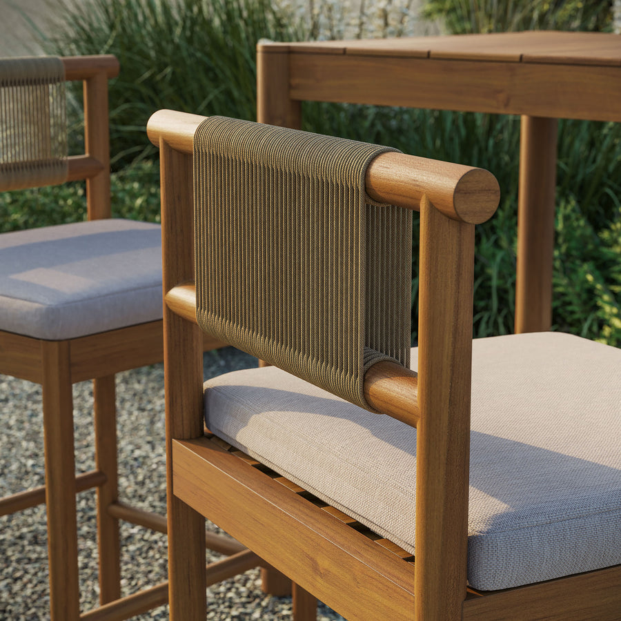 Lyric Outdoor Patio Teak Wood Bar Stools Set of 2 in Natural Sail