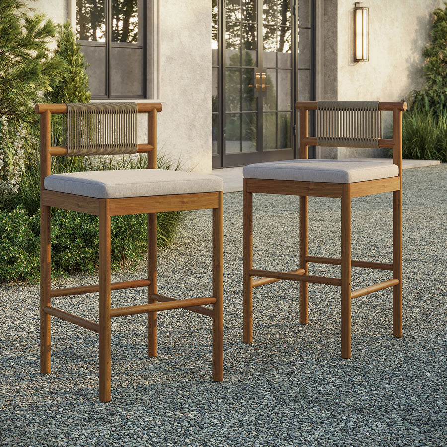 Lyric Outdoor Patio Teak Wood Bar Stools Set of 2 in Natural Sail