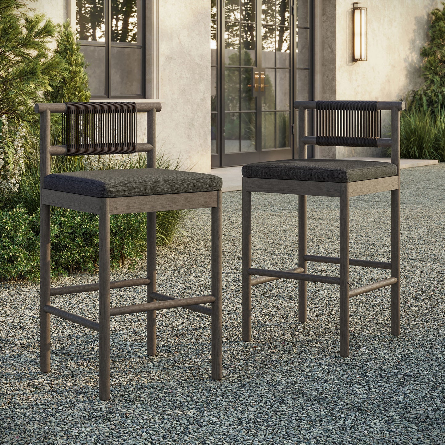 Lyric Outdoor Patio Teak Wood Bar Stools Set of 2 in Weathered Gray Flint