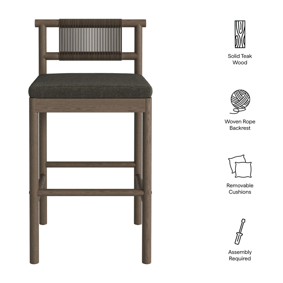 Lyric Outdoor Patio Teak Wood Bar Stools Set of 2 in Weathered Gray Flint