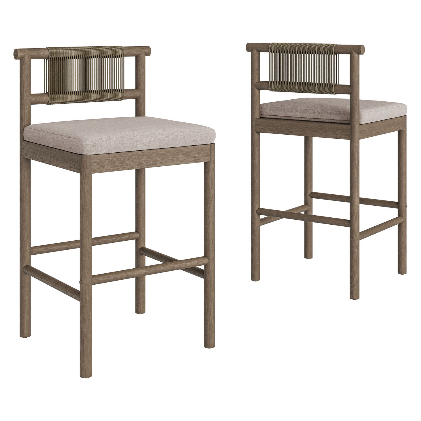 Lyric Outdoor Patio Teak Wood Bar Stools Set of 2 in Weathered Gray Pebble