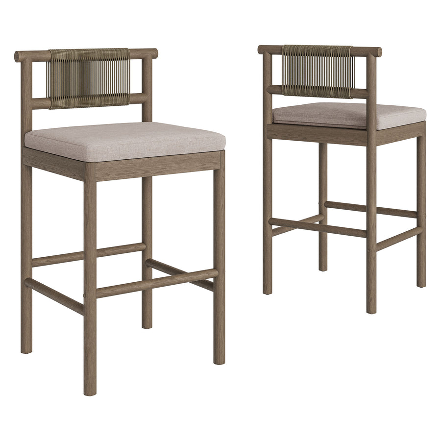 Lyric Outdoor Patio Teak Wood Bar Stools Set of 2 in Weathered Gray Pebble