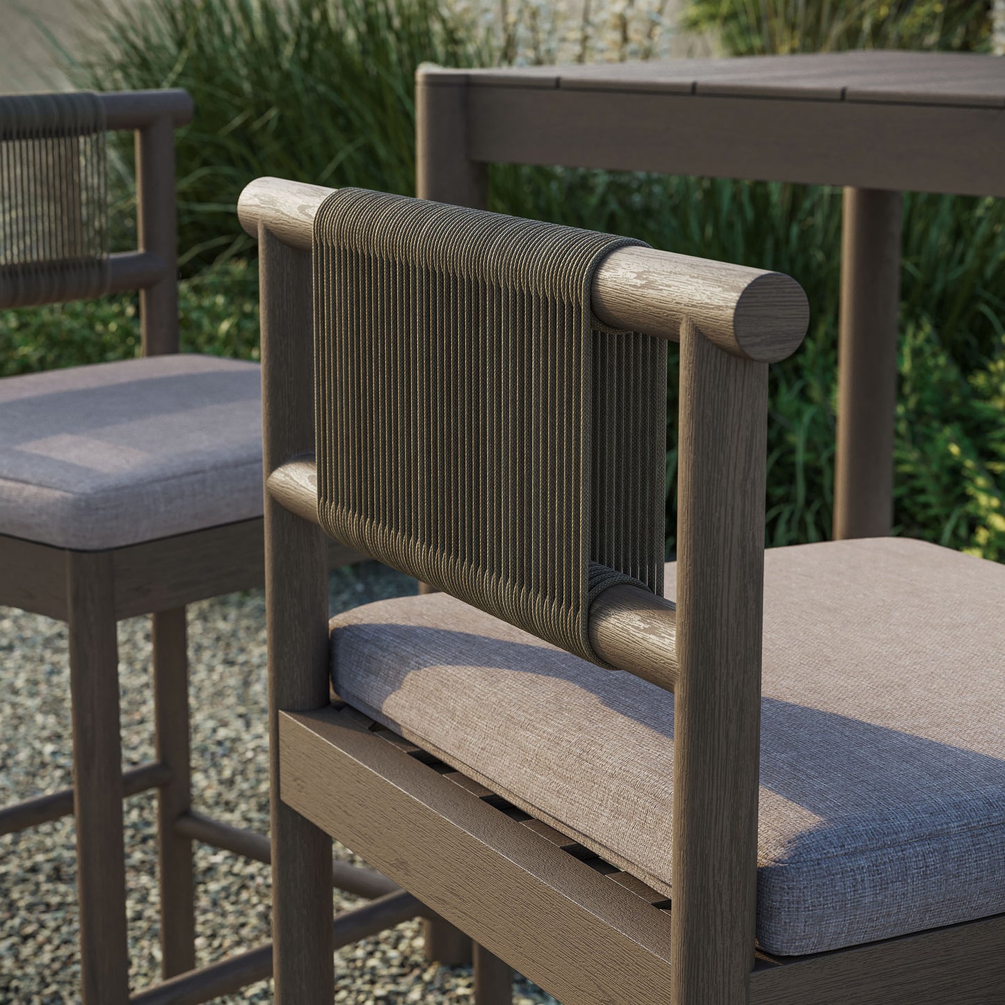 Lyric Outdoor Patio Teak Wood Bar Stools Set of 2 in Weathered Gray Pebble