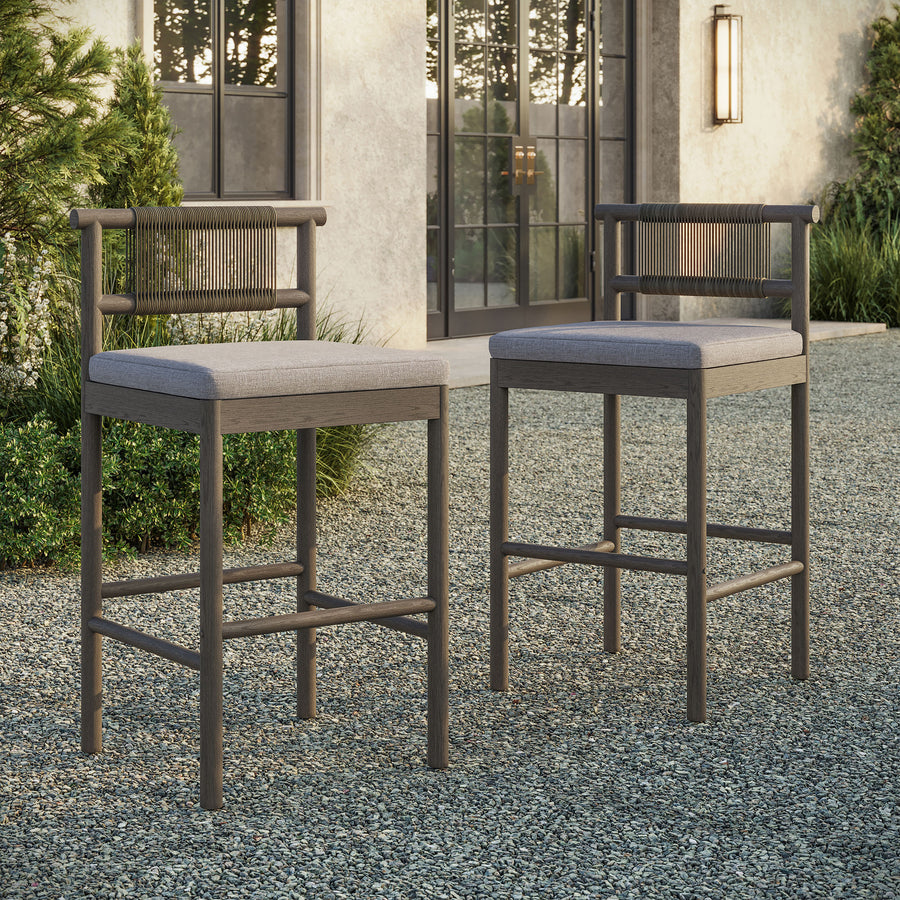 Lyric Outdoor Patio Teak Wood Bar Stools Set of 2 in Weathered Gray Pebble
