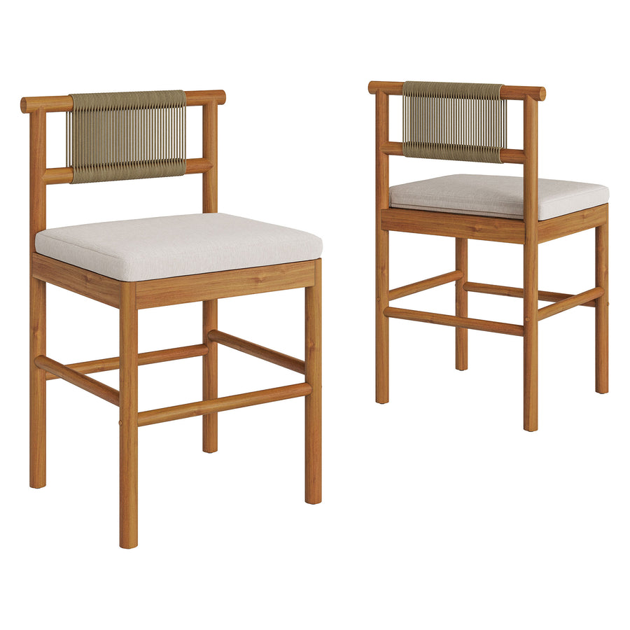 Lyric Outdoor Patio Teak Wood Counter Stools Set of 2 in Natural Sail